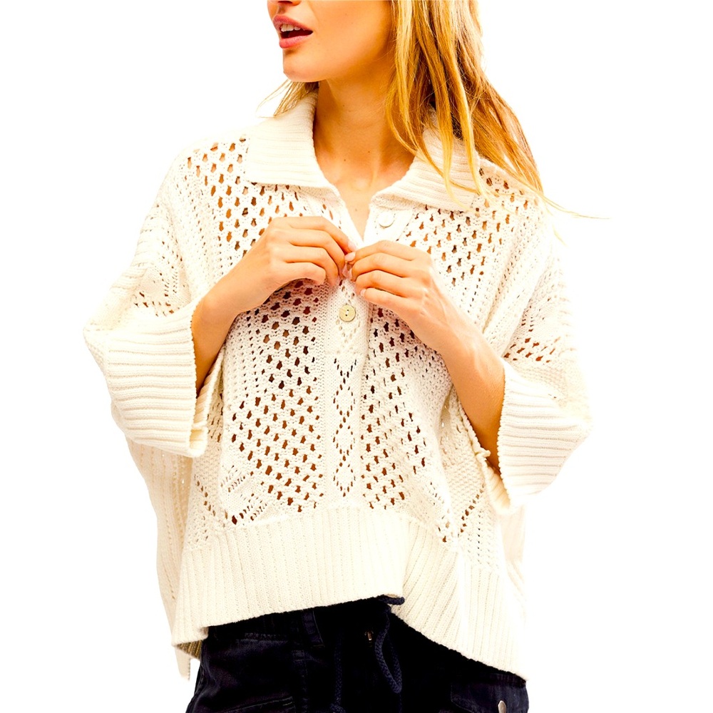 Free People Women's To The Point Cotton Crochet Polo Shirt | Optic White | XL